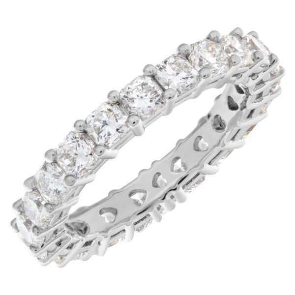 Diamond eternity band with 22 radiant cut diamonds, totaling 3.35 carats set in platinum.