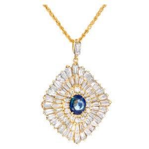 Diamond and blue sapphire ballerina pendant in 14k and a 14k chain