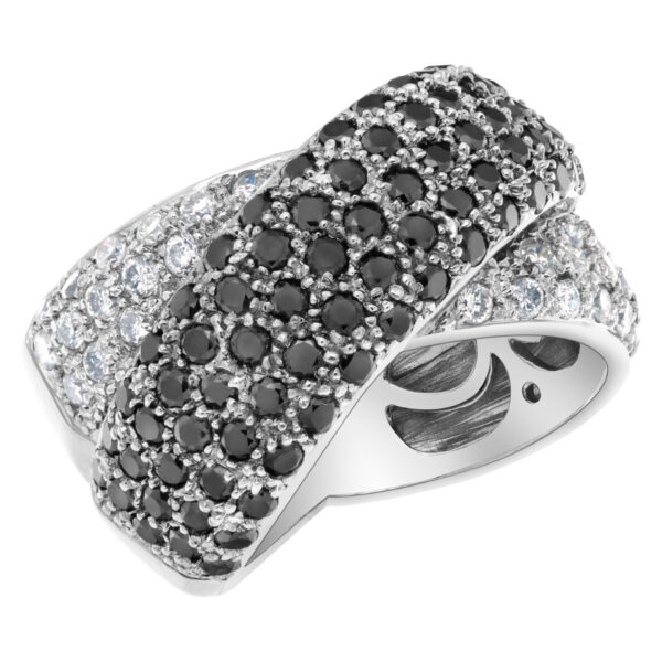 Black and white diamond X kiss ring in 14k white gold over 1.5 cts