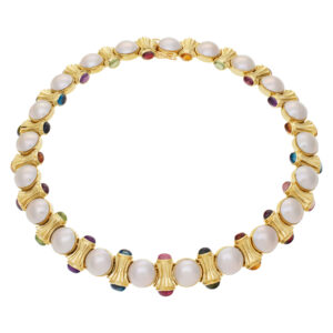 Colorful 14k necklace with 11.5mm Mobe perls and cabochon stone