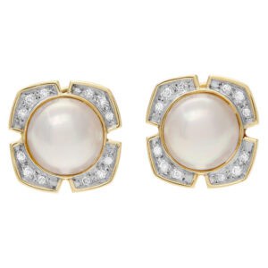 Mobe pearl earrings 13mm in 14k with diamond accents