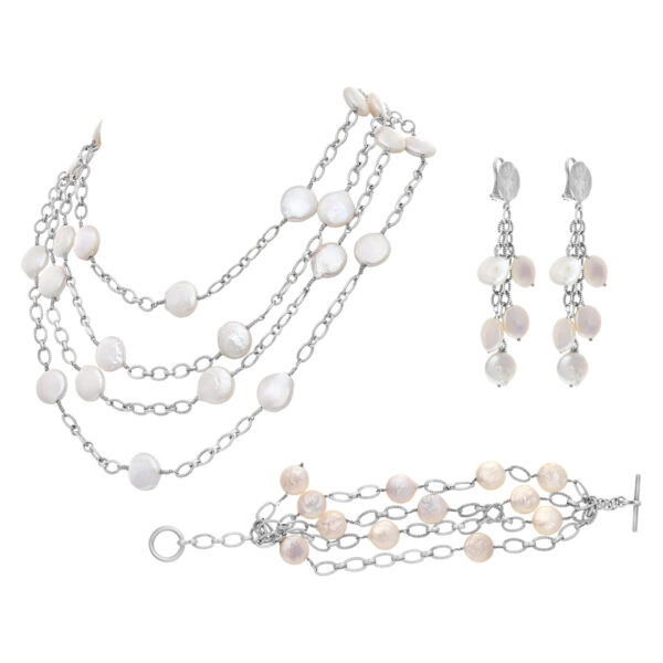 Set  with earrings, bracelet and necklace in 14k white gold with Mother of Pearl dots