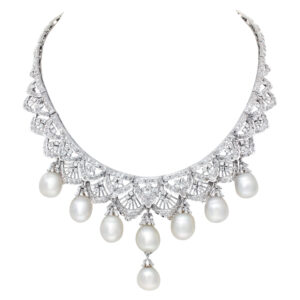 Spectacular Diamonds Necklace With Oval Shaped South Sea Peals. Over 8 Carats Full Cut Round Brilliant Diamonds.