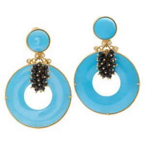 Italian designer signed dangling earrings with turquoise, diamonds & onyx set in 18K yellow gold.