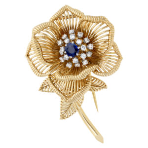 Sapphire & diamond flower brooch in 18k