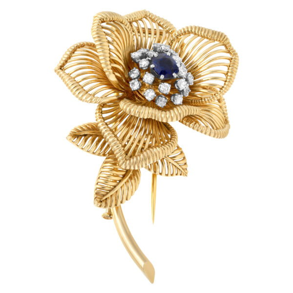 Sapphire & diamond flower brooch in 18k