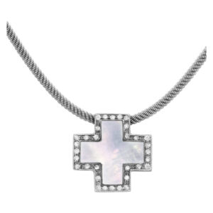 Necklace with Mother of Pearl cross with diamond accents in 18k white gold