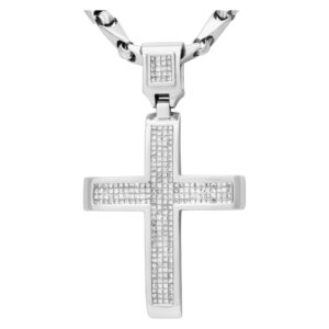 Princess cut diamond cross on 24" chain in 14k white gold