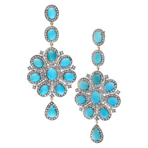 "Chandelier" earrings with cabochon Persian turquoises & rose diamonds set in 14K & Sterling Silver