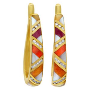 Tear Drop earrings in 14k with coral, mother of pearl, and diamonds