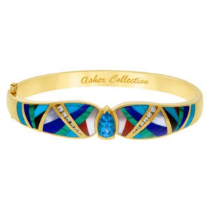 Colorful and bright 14k bangle with lapis lazuli, turquoise, onyx, blue topaz, and diamonds