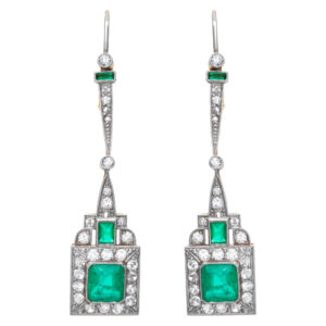 Vintage dangling emerald & diamonds earrings set in 18K yellow & white gold