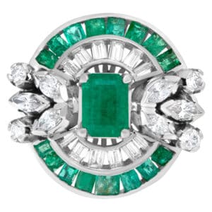 Vintage emerald and diamond ring in 18k white gold