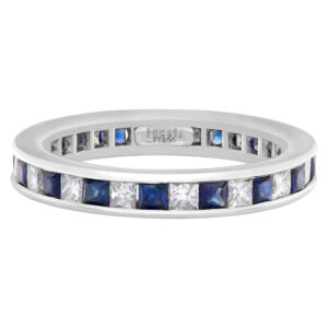 Diamond Eternity Band and Ring with sapphire in platinum; 2 carats in F-G color VS clarity princess cut diamonds & 2 carats in deep blue sapphires