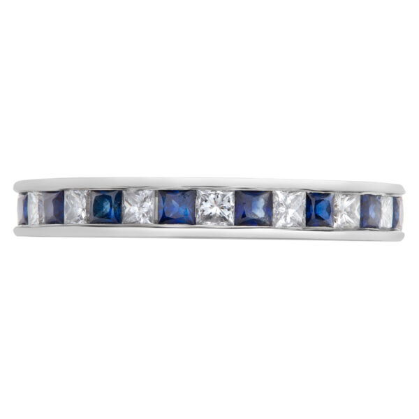 Diamond Eternity Band and Ring with sapphire in platinum; 2 carats in F-G color VS clarity princess cut diamonds & 2 carats in deep blue sapphires