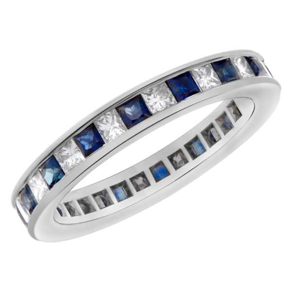 Diamond Eternity Band and Ring with sapphire in platinum; 2 carats in F-G color VS clarity princess cut diamonds & 2 carats in deep blue sapphires