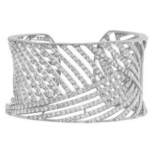 Geometric design diamond cuff with 19.51 carats full cut round brilliant diamonds set in 18K white gold