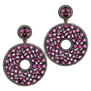 Lustrous silver and 18k yellow gold rhodolite earrings