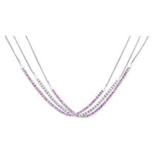 Triple Wave Diamond And Pink Sapphire Bar Necklace In 18k White Gold