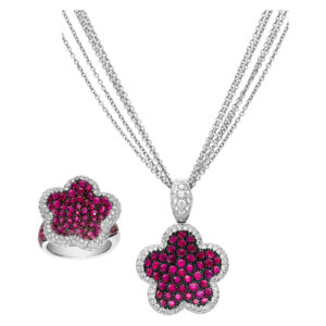 Deep pink sapphire ring and necklace set in 18k white gold