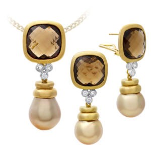 Smoky Topaz, Pearl and Diamonds earrings and pendant set in 14k yellow gold