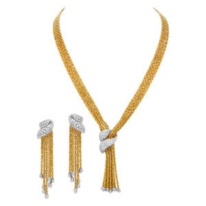 Diamond Lariat Necklace & Tassel Drop Earring set In 18k White & Yellow Gold.