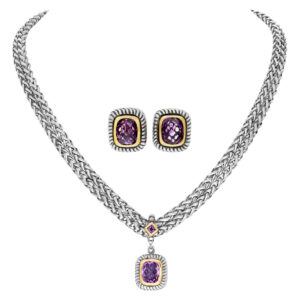 Italien designer "FELI MENEGATTI" square amethyst earrings and double chain necklace set, in 18k and sterling silver