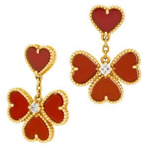 Van Cleef & Arpels Sweet Alhambra Effeuillage drop earrings with red carnelian and 0.17 carats in round brilliant cut diamonds