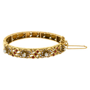 Natural pearl, diamond and garnet accents bangle in 14k