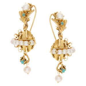 Chandelier natural pearl earrings with turquoise accents in 14k