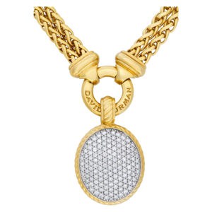 David Yurman double wheat chain/necklace with pave diamonds oval pendant in 18k yellow gold.