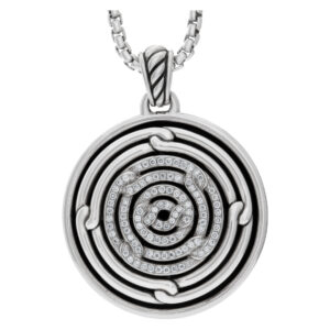 David Yurman "Labyrinth" sterling silver collection, large round pendant with 1.05 carat full cut round brilliant diamonds on a wide box chain