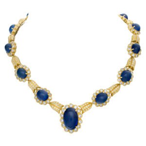 Cabochon sapphire necklace with diamond accents in 18k, 7 carats in diamonds