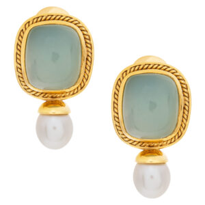 Green chalcedony earrings framed in 18k with drop pearl accent