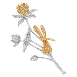 Flower & dragonfly diamond pin in 18k white & yellow gold