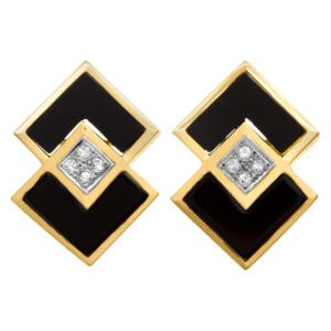 Geometric square onyx & diamonds earrings set in 14 K yellow gold. Omega clip/post back.