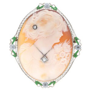 Cameo pendant/broach in 14k white gold with vibrant painted enamel & diamond accents