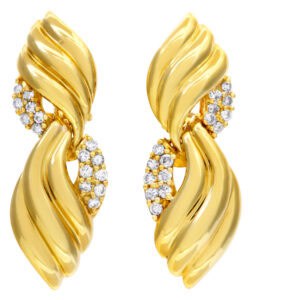 Twisted gold drop earrings in 14k with wrapped diamond accents; 0.90 carats in diamonds