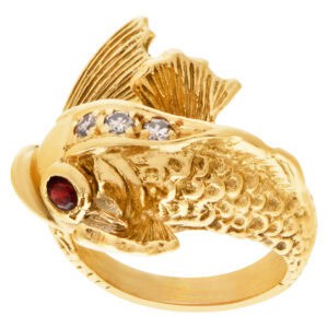 Good luck & Fortune koi fish ring with diamond fin & ruby eye accents