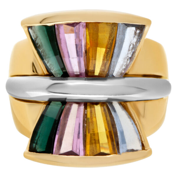 "Colorful Fan" tapered baguette cut colorful semi-precious stone ring in 14k