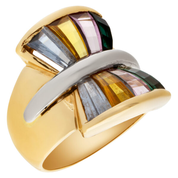 "Colorful Fan" tapered baguette cut colorful semi-precious stone ring in 14k