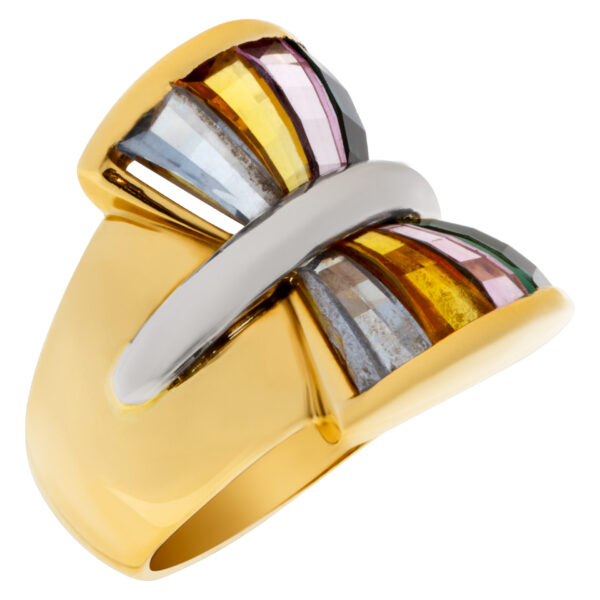 "Colorful Fan" tapered baguette cut colorful semi-precious stone ring in 14k