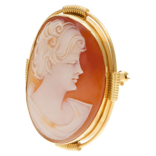 Shell Cameo pin/pendant portrait of a short hair lady set in 14k yellow gold.