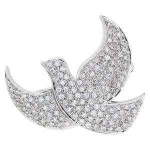 Pave diamonds bird pin/brooch in 14k white gold. Approx 2 carats total diamonds weight.