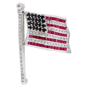 "Red, White & Blue". American flag pin/brooch in 14k white gold with diamonds, rubies and sapphires