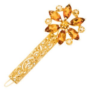 Flower style hair pin in 14k with orange, yellow topaz & diamond accents