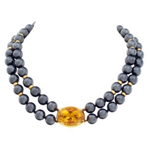 Estate find, double row Hematite necklace with over 20 carat oval cut Citrine set in 14K yellow gold.