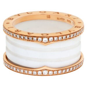 Bvlgari B.zero1 ring in 18k rose gold with diamonds & white ceramic- Ref: 349963