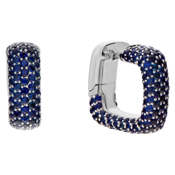 18k White Gold Square Hoop Earrings With 5.72 Carats In Blue Round Cut Sapphires