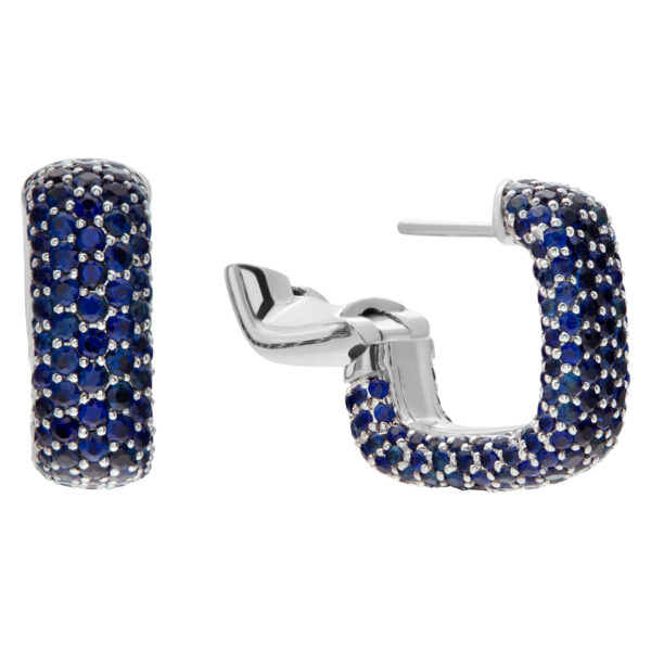 18k White Gold Square Hoop Earrings With 5.72 Carats In Blue Round Cut Sapphires